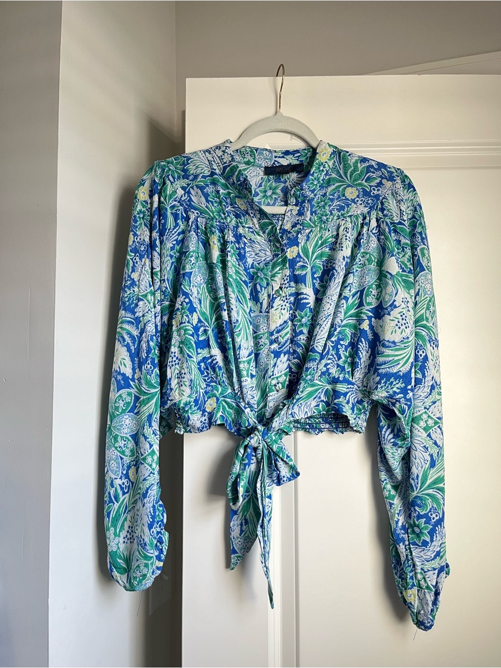 RACHEL Rachel Roy Blue & Green Floral Tie-Front Blouse